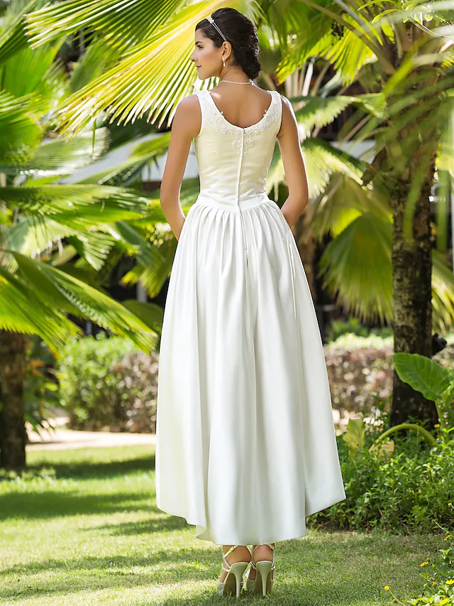 A-Line Wedding Dresses Scoop Neck Asymmetrical Satin Sleeveless with Beading Appliques Pocket