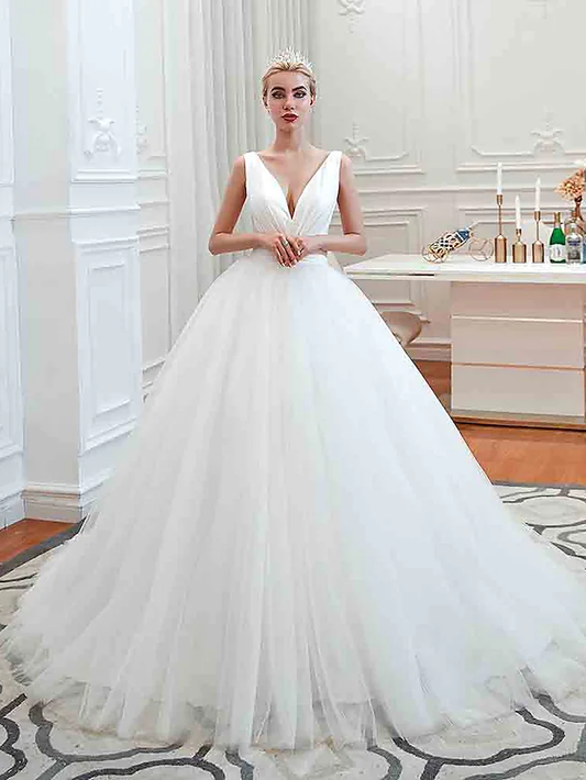 Ball Gown Wedding Dresses V Neck Court Train Tulle Regular Straps Simple Glamorous Backless