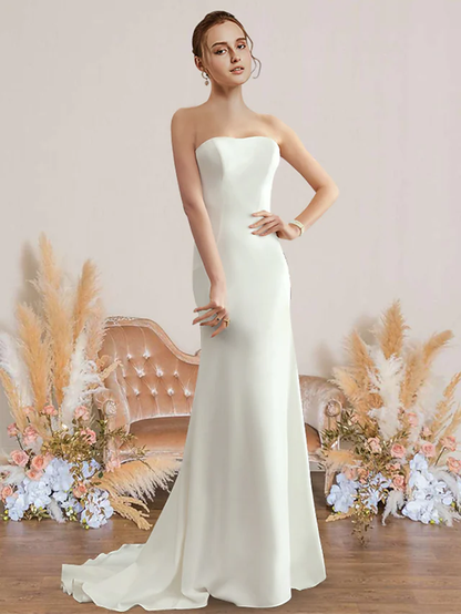 Wedding Dresses Strapless Chiffon Sleeveless Simple Sexy Backless Pure Color