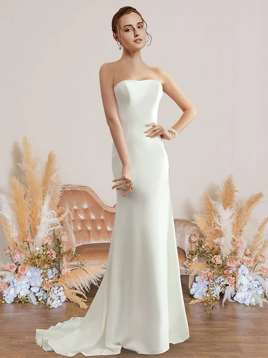 Wedding Dresses Strapless Chiffon Sleeveless Simple Sexy Backless Pure Color