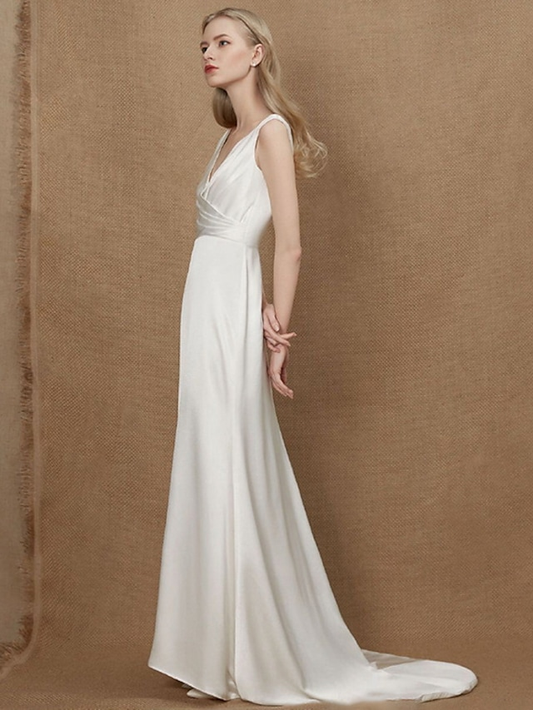 A-Line Wedding Dresses V Neck Charmeuse Sleeveless Simple Vintage with Ruched Pure Color