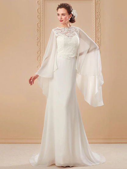 Wedding Dresses V Neck Court Train Chiffon Long Sleeve with Beading Pure Color