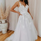 Elegant V-neck A-line Wedding Dresses Tulle Appliqued Gowns Floor Length Beautiful