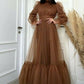 Brown Tulle Long Sleeves A-Line Formal Party Dress Elegant Evening Dress wedding guest dress