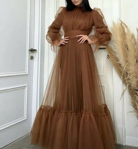 Brown Tulle Long Sleeves A-Line Formal Party Dress Elegant Evening Dress wedding guest dress