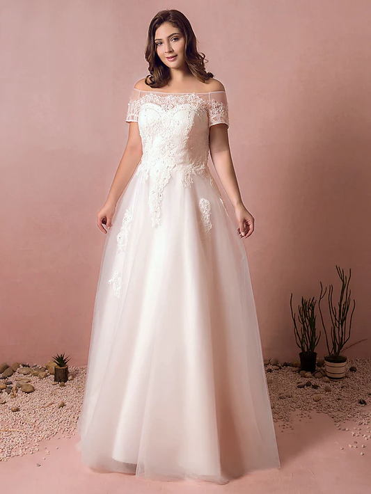 A-Line Wedding Dresses Off Shoulder Floor Length Lace Satin Tulle Short Sleeve Formal Plus Size with Lace Pearls Lace
