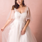 A-Line Wedding Dresses V Neck Court Train Satin Tulle Half Sleeve Formal Plus Size with Appliques Ivory