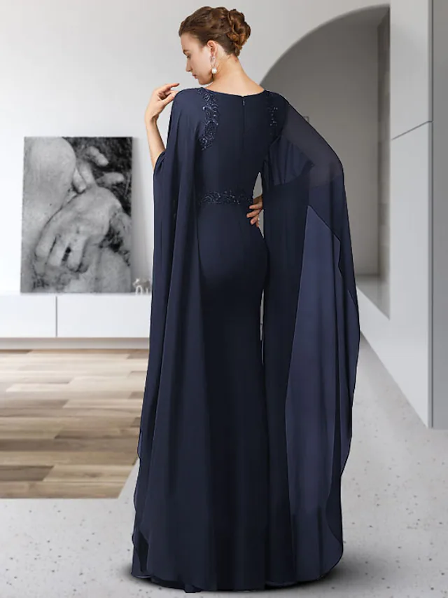 Mother of the Bride Dress Elegant Jewel Neck Floor Length Chiffon Long Sleeve