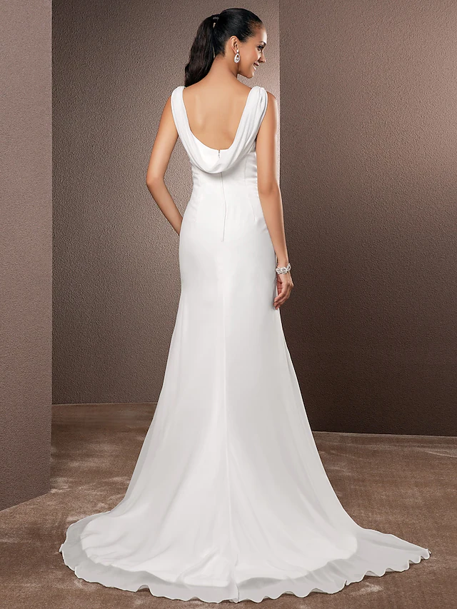 Wedding Dresses V Neck Court Train Chiffon Over Satin Regular Straps Vintage Backless Elegant