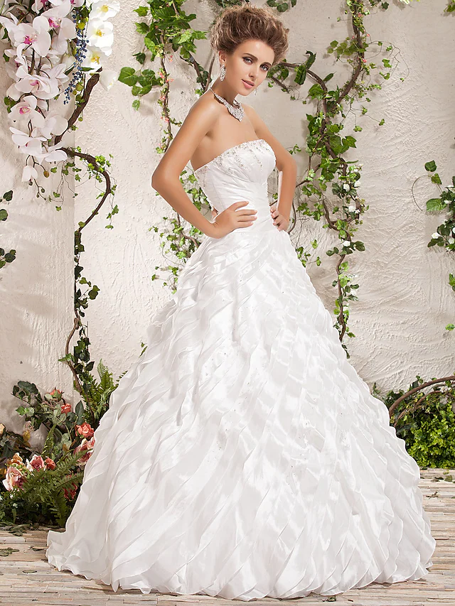 Ball Gown Wedding Dresses Strapless Floor Length Taffeta Sleeveless with Beading Cascading Ruffle