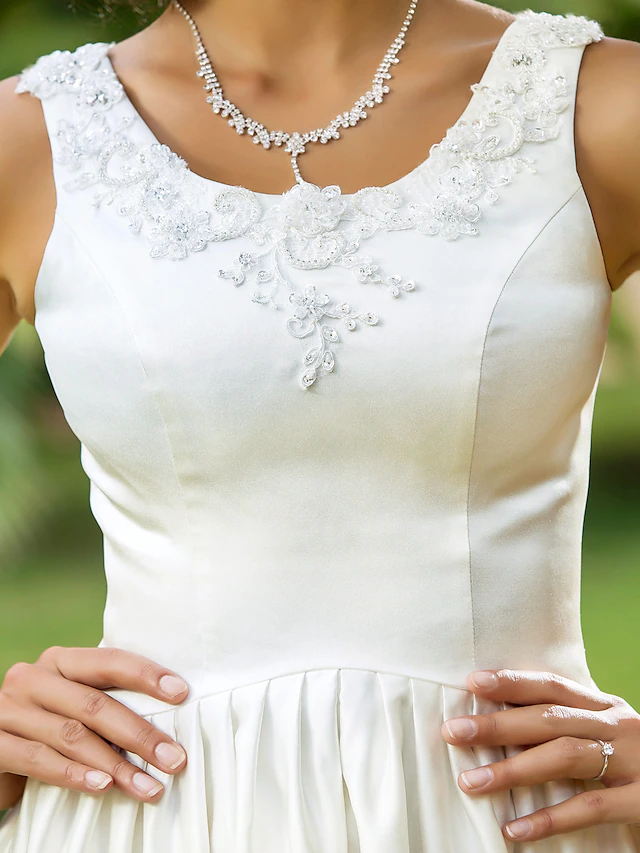 A-Line Wedding Dresses Scoop Neck Asymmetrical Satin Sleeveless with Beading Appliques Pocket