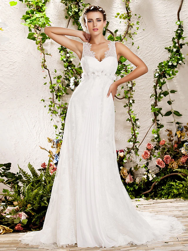 Wedding Dresses V Neck Chapel Train Lace Sleeveless Long Pure Color