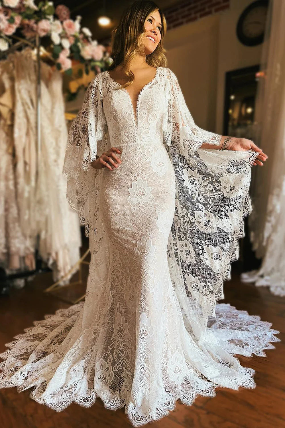 Mermaid Wedding Dress with Appliques Long Sleeve Cape Lace Sexy