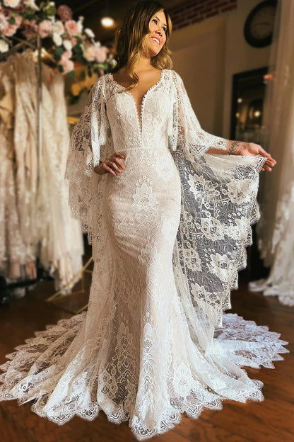 Mermaid Wedding Dress with Appliques Long Sleeve Cape Lace Sexy