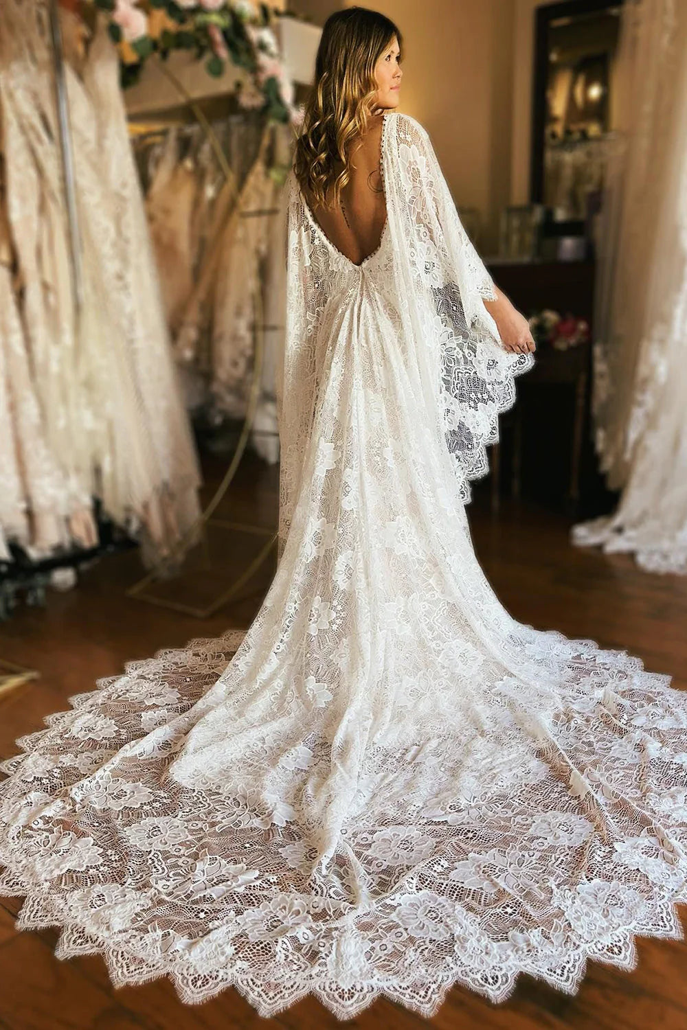 Mermaid Wedding Dress with Appliques Long Sleeve Cape Lace Sexy