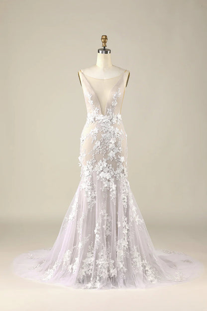 Tulle Backless Wedding Dress with Appliques Sexy