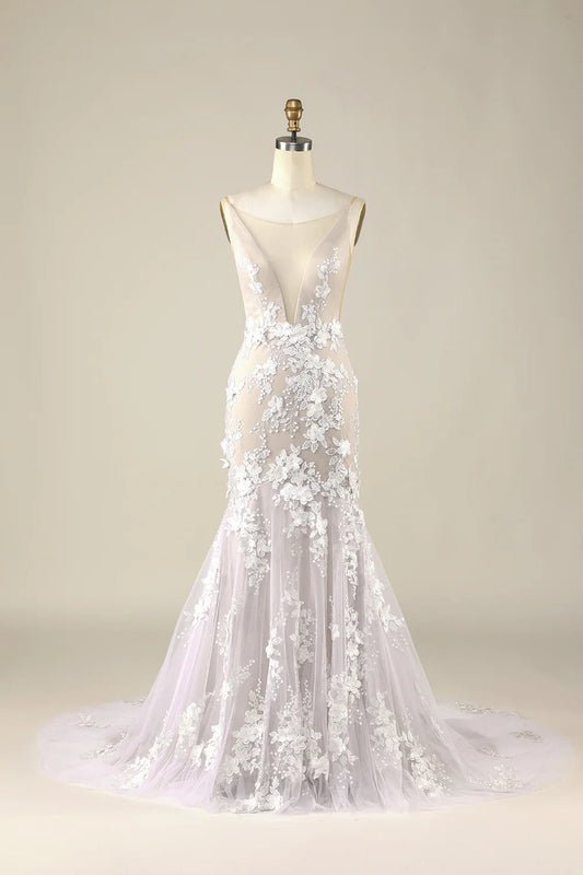 Tulle Backless Wedding Dress with Appliques Sexy