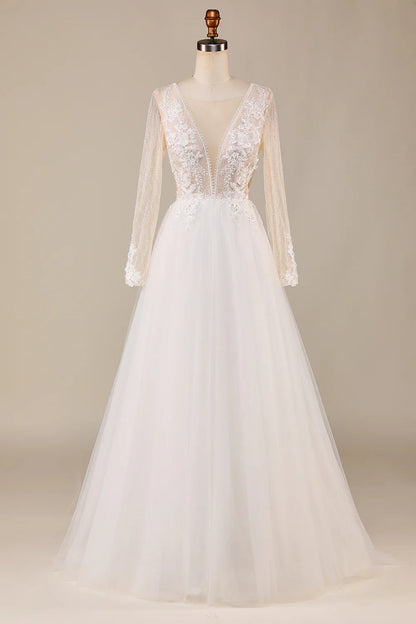 Tulle Long Sleeves Wedding Dress with Lace Sexy