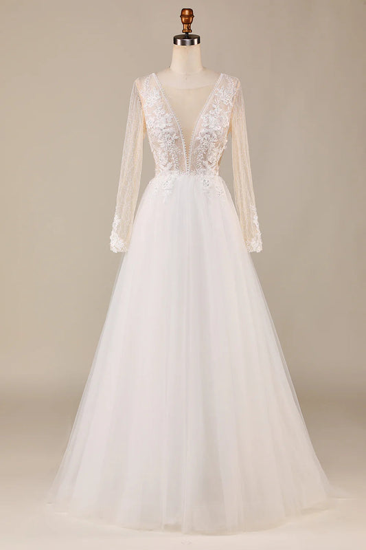 Tulle Long Sleeves Wedding Dress with Lace Sexy