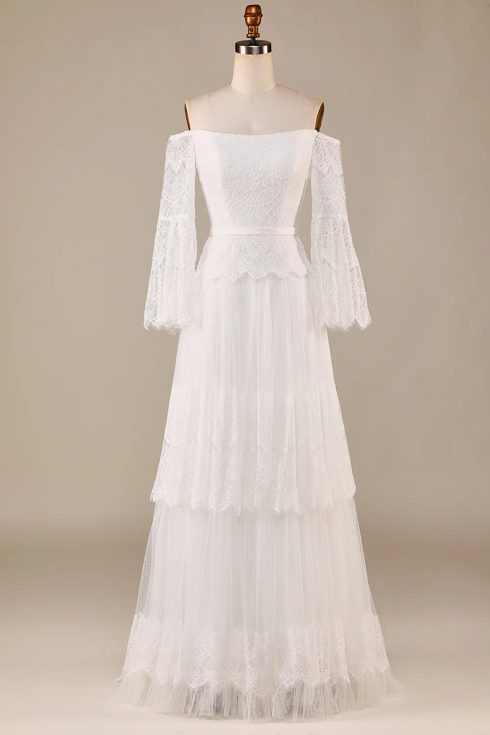 Tulle Tiered Off The Shoulder Wedding Dress with Lace Pure Color
