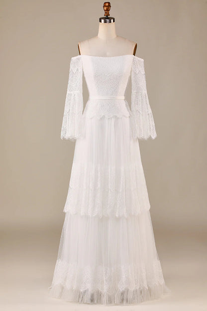 Tulle Tiered Off The Shoulder Wedding Dress with Lace Pure Color
