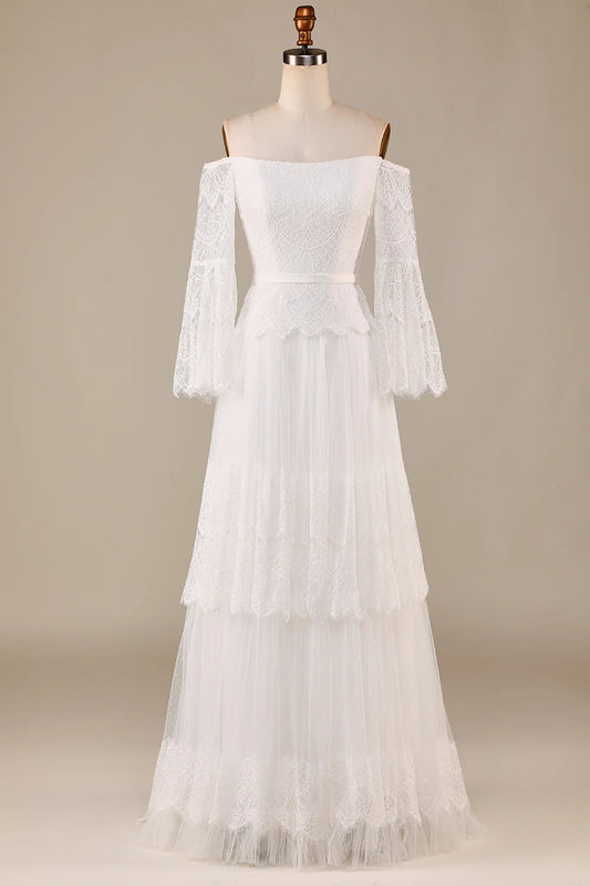 Tulle Tiered Off The Shoulder Wedding Dress with Lace Pure Color