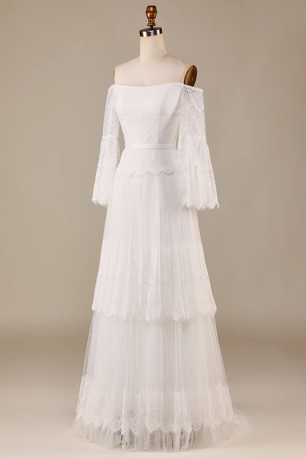 Tulle Tiered Off The Shoulder Wedding Dress with Lace Pure Color