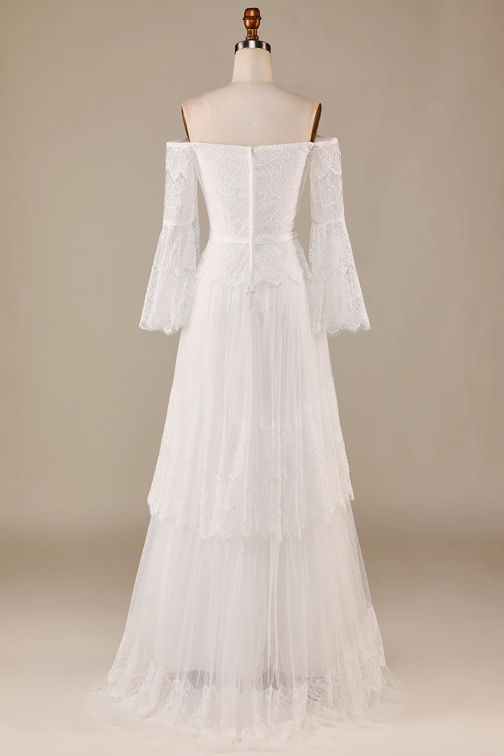 Tulle Tiered Off The Shoulder Wedding Dress with Lace Pure Color