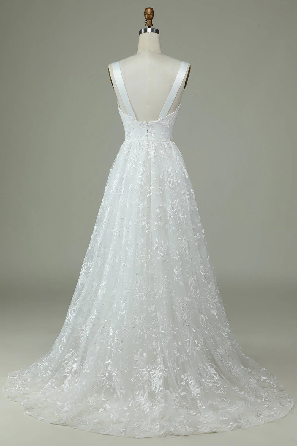 Lace V-Neck Wedding Dress with Slit Pure Color