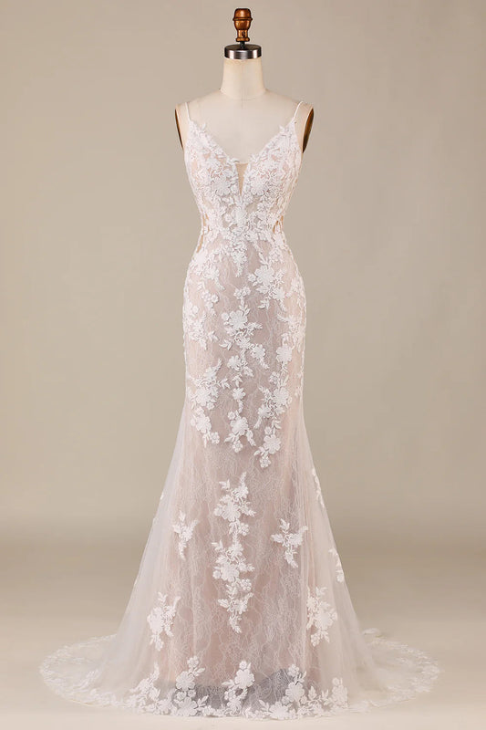 Mermaid Spaghetti Straps Wedding Dress with Appliques Off Shoulder