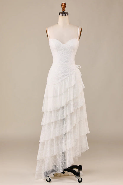 Tiered Spaghetti Straps Lace Bridal Dress Off Shoulder
