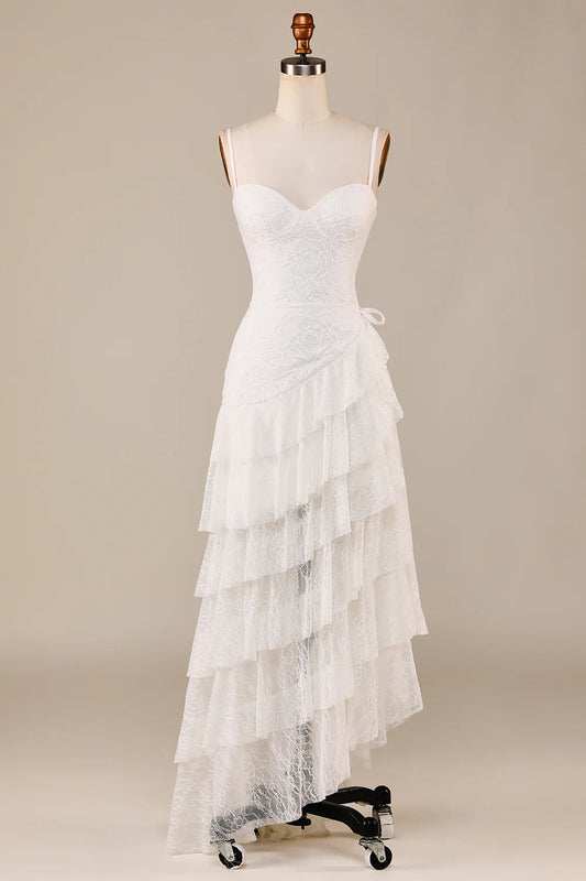 Tiered Spaghetti Straps Lace Bridal Dress Off Shoulder