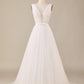 Tulle A-Line Deep V-Neck Wedding Dress with Bowknot Pure Color