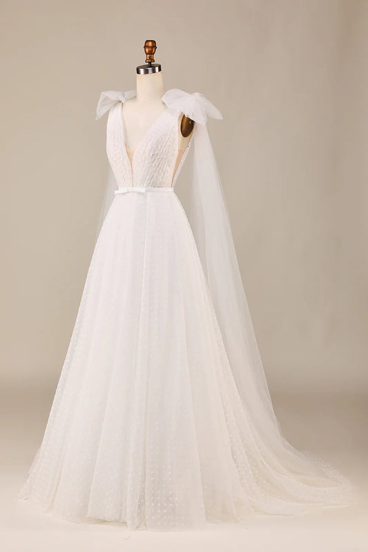 Tulle A-Line Deep V-Neck Wedding Dress with Bowknot Pure Color