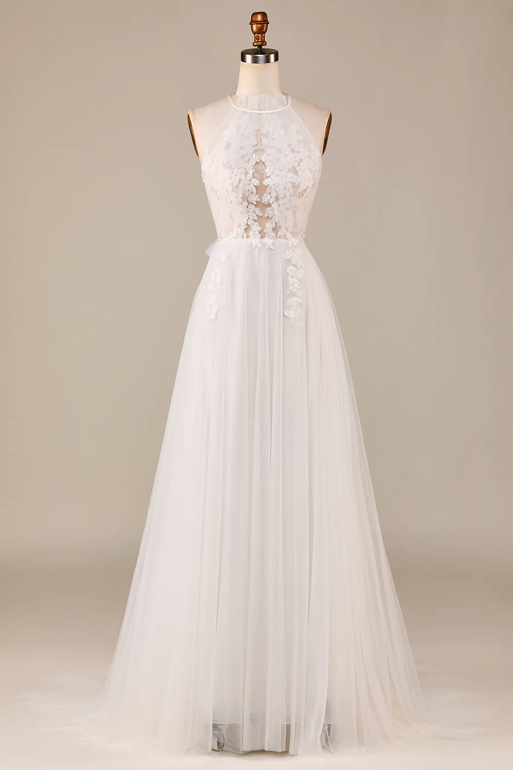 Tulle Open Back Sweep Train Wedding Dress with Lace Pure Color