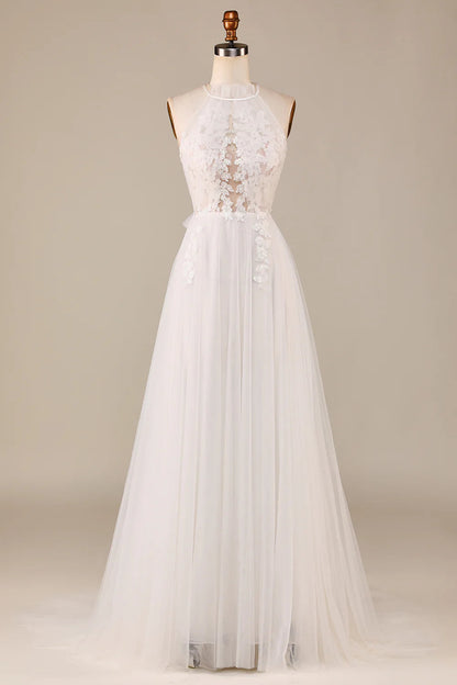 Tulle Open Back Sweep Train Wedding Dress with Lace Pure Color