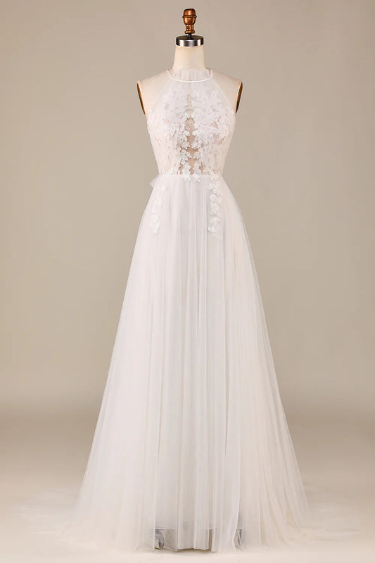 Tulle Open Back Sweep Train Wedding Dress with Lace Pure Color