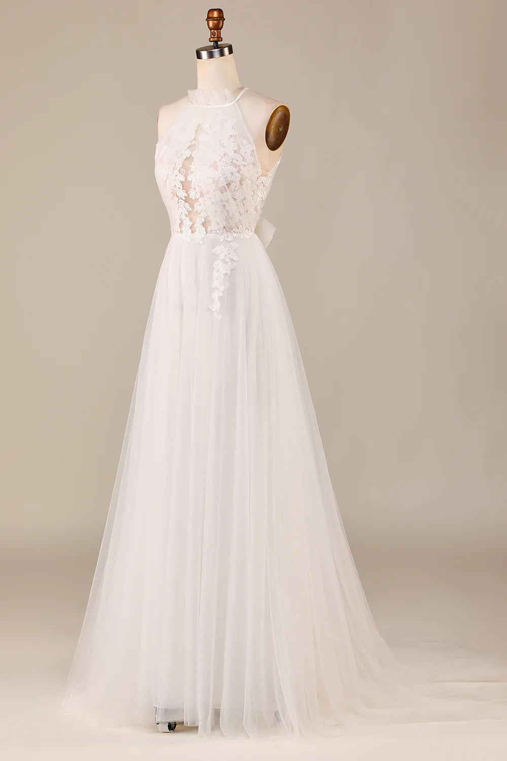 Tulle Open Back Sweep Train Wedding Dress with Lace Pure Color