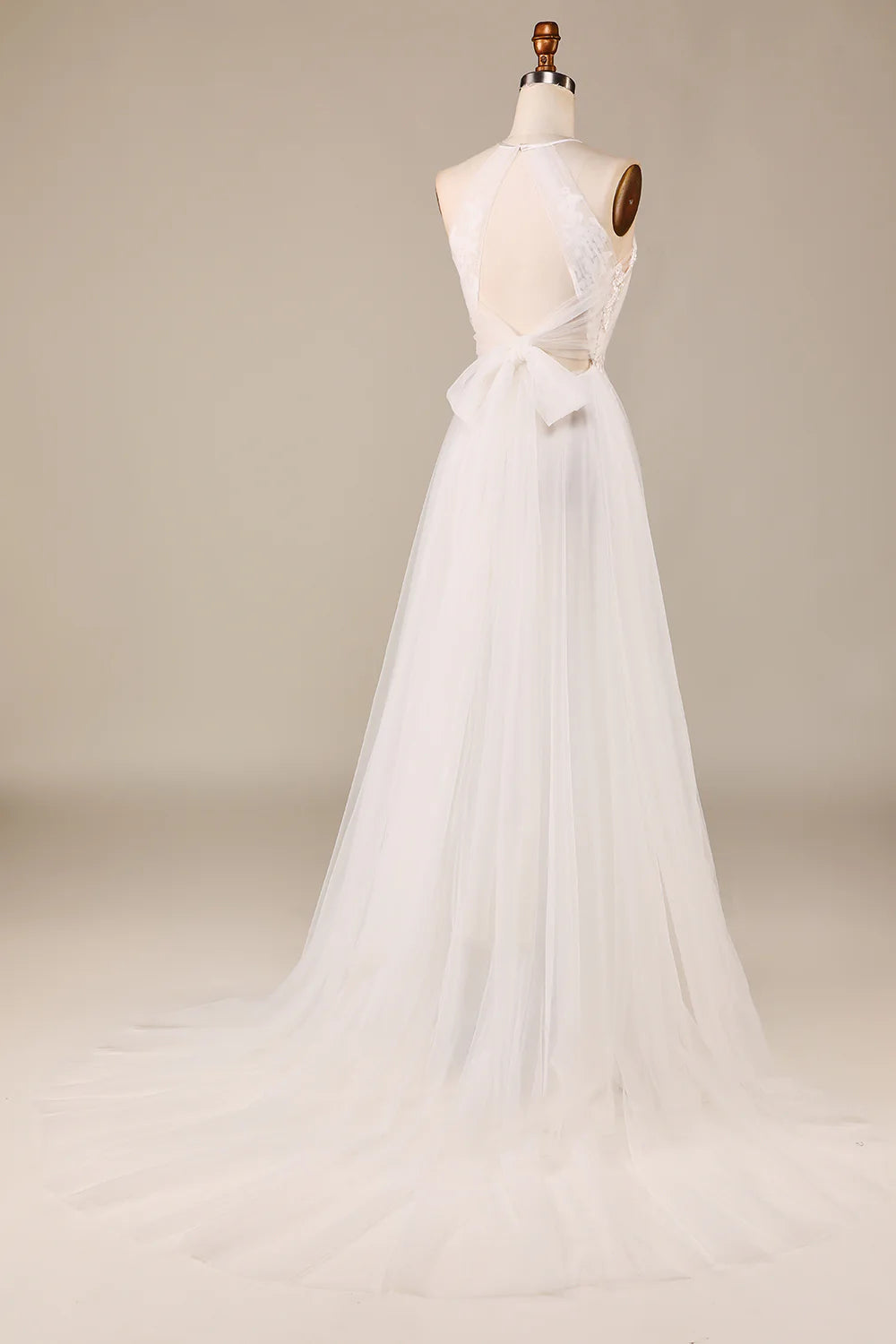 Tulle Open Back Sweep Train Wedding Dress with Lace Pure Color