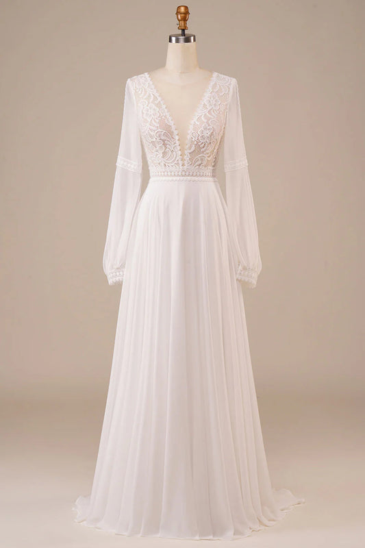 Long Sleeves Wedding Dress with Lace Pure Color