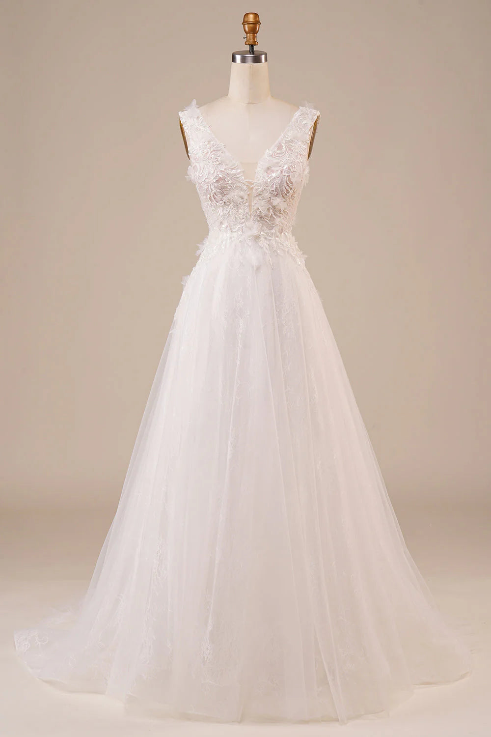 Sparkly Tulle Beaded Long Wedding Dress Pure Color