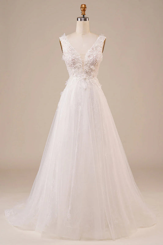 Sparkly Tulle Beaded Long Wedding Dress Pure Color
