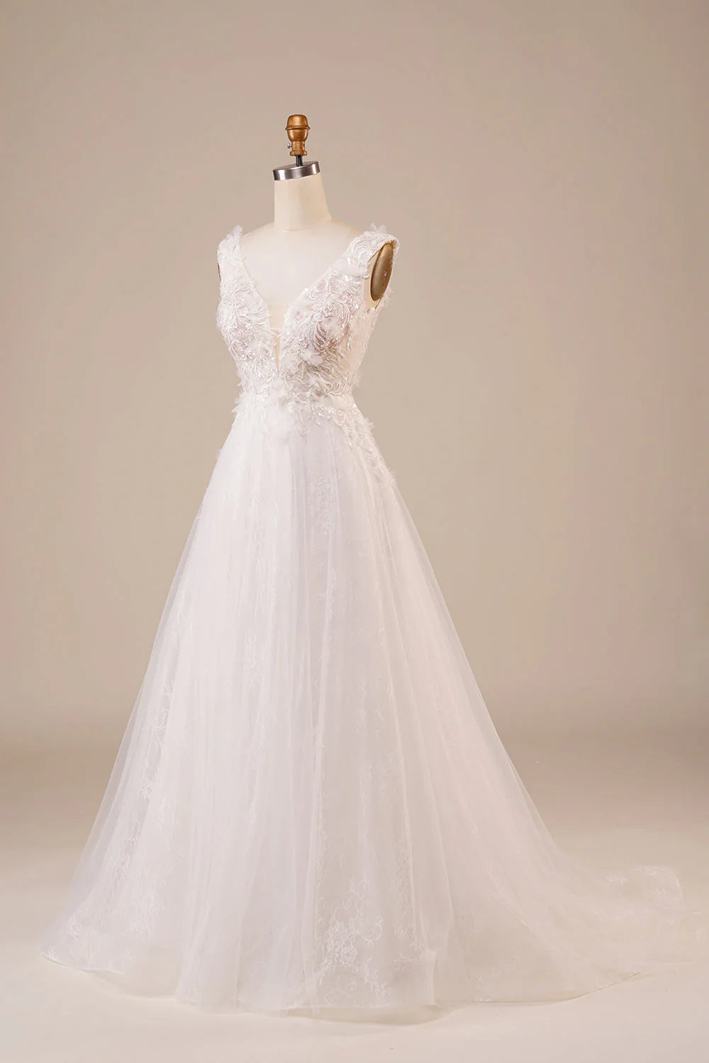 Sparkly Tulle Beaded Long Wedding Dress Pure Color