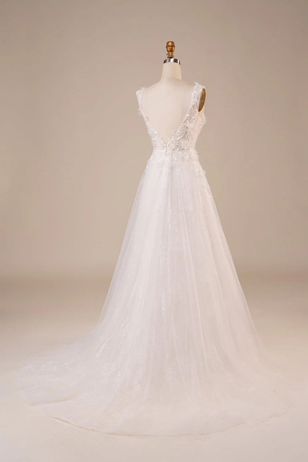 Sparkly Tulle Beaded Long Wedding Dress Pure Color