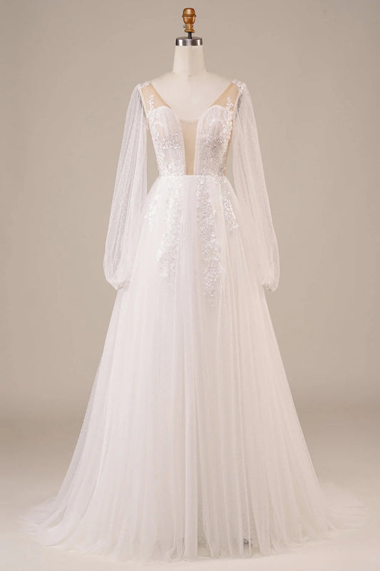 Long Sleeves Open Back Wedding Dress with Appliques Pure Color