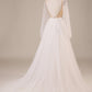 Long Sleeves Open Back Wedding Dress with Appliques Pure Color