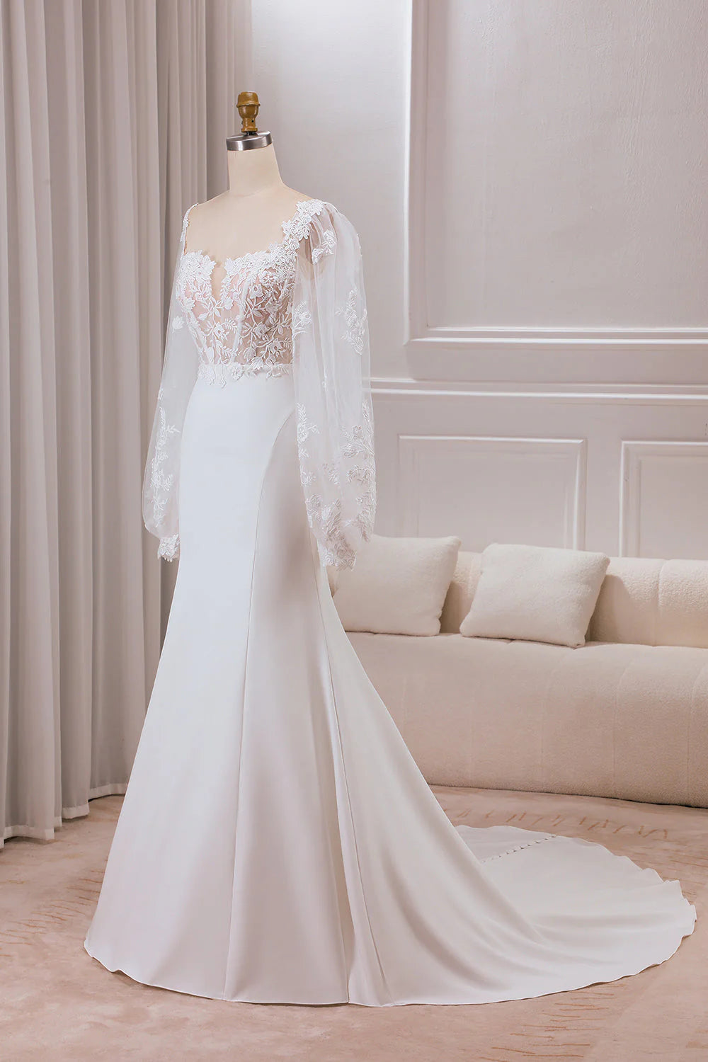 Mermaid Lace Sweetheart Neck Long Sleeves Wedding Dress with Sweep