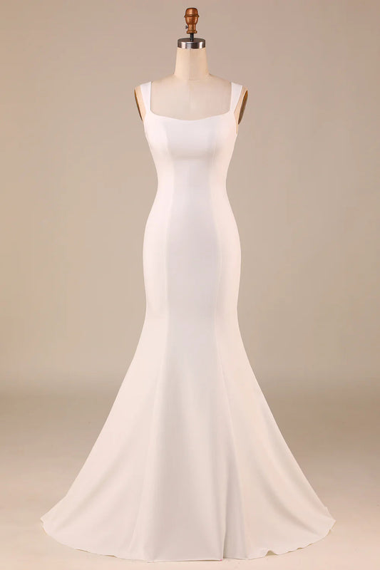 Mermaid Sweep Train Wedding Dress with Bowknot Pure Color