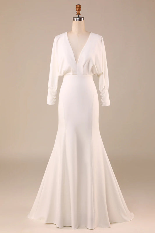 Satin Sweep Train Wedding Dress with Long Sleeves Pure Color