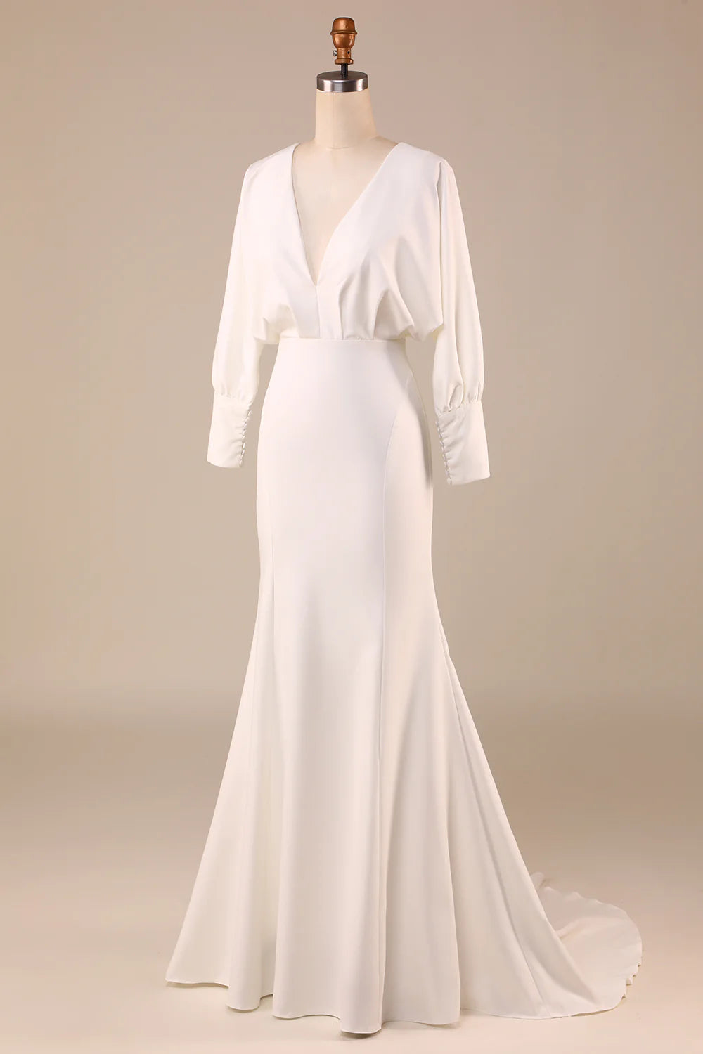 Satin Sweep Train Wedding Dress with Long Sleeves Pure Color